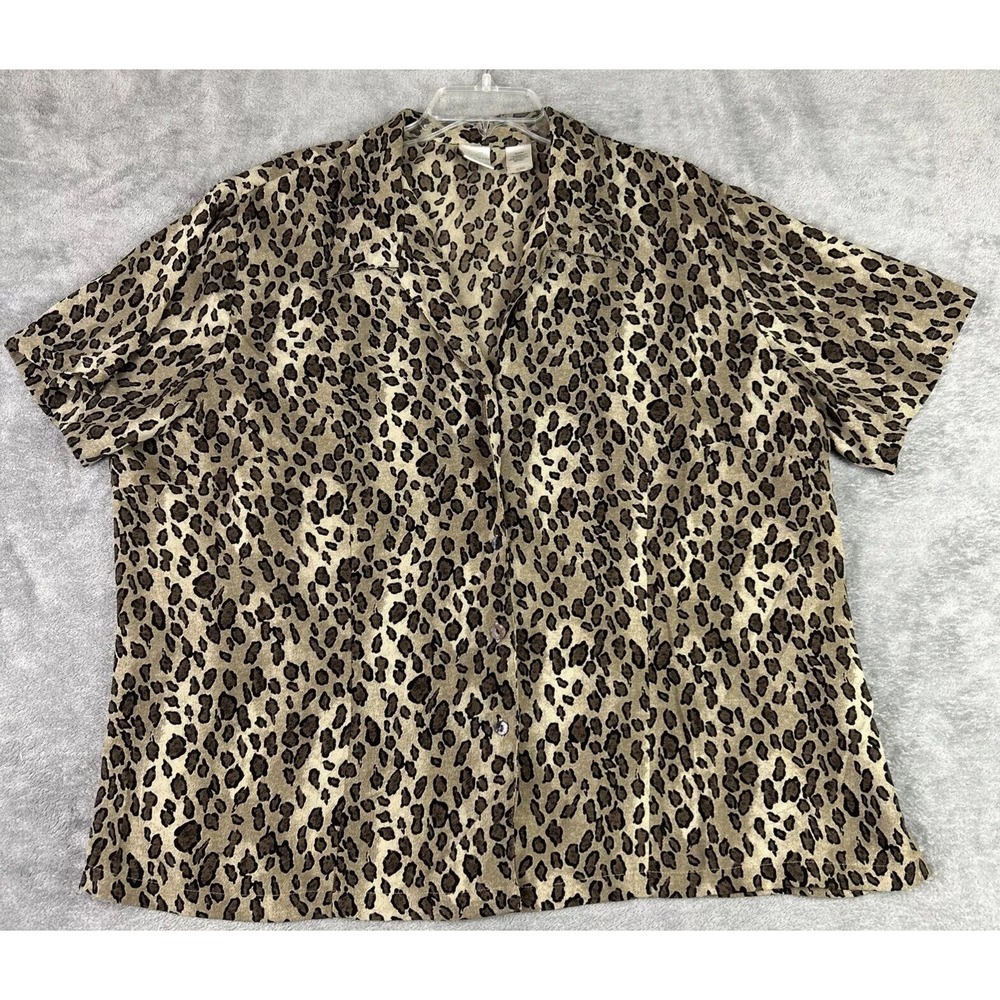Emma James Women's 22‎ W Button Up Camp Shirt Brown Leopard Print Blouse Boho